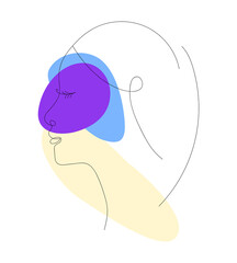 Girl in line art style with abstract color spots. Fashion of the future. Augmented reality glasses. Vector illustration of modern female profile portrait. Hand drawn icon and symbol for print, poster