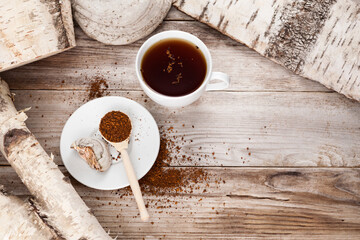 Cup of Chaga tea, Healthy natural drink. Natural antioxidant. Prepared from dried birch mushroom. Used in alternative medicine