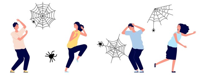 Arachnophobia. People irrational extreme fear spiders. Cobweb and insects, man woman in panic or stress, afraid vector characters. Arachnophobia and fear arachnid, phobia insect toxic illustration