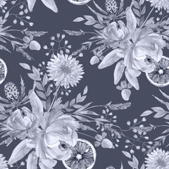 pattern with monochrome bouquets on a dark background close-up, watercolor illustration	
