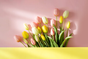 Bouquet of colorful tulips isolated on pink background. Spring flowers. Greeting card for Birthday, Woman 's Day,, Mother's Day, Valentine's day. Flat lay. Copy space.