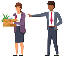 Layoff concept. Angry man boss dismissed employee. Unhappy girl leave the office with things in box. Unemployment dismissal of fellow workers. Crisis, jobless and employee job reduction concept