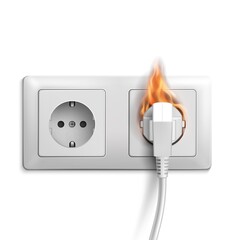 Short circuit realistic vector design with 3d electric outlet on fire. Electrical power double socket and plug with fire flames and smoke, electrical safety, overload and overheat wiring concept
