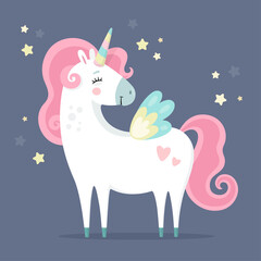 Cute magical unicorn. Little princess theme. Vector hand drawn illustration. Beautiful fantasy cartoon animal. Great for kids party, greeting cards, invitation, print for apparel