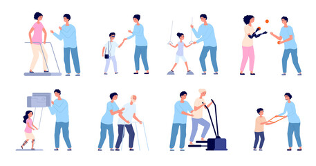 Rehabilitation and therapy. Health exercising, wellness clinic after injury. Physiotherapist care, doctor and exercise equipment vector set. Illustration physiotherapy and treatment rehabilitation
