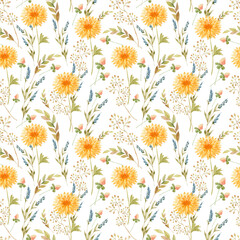 seamless pattern with watercolor delicate yellow flowers and plants, hand painted on a white background	
