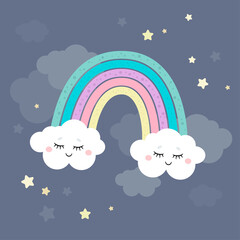 Cute magical rainbow and clouds in unicorn theme or little princess theme. Vector hand drawn illustration. Great for kids party, greeting cards, invitation, print for apparel