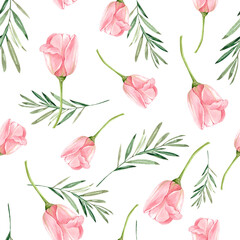 seamless pattern with delicate flowers pink tulips and green branches, illustration watercolor