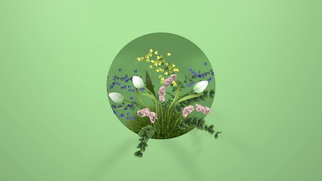 Growing flowers on green background. 3d rendering