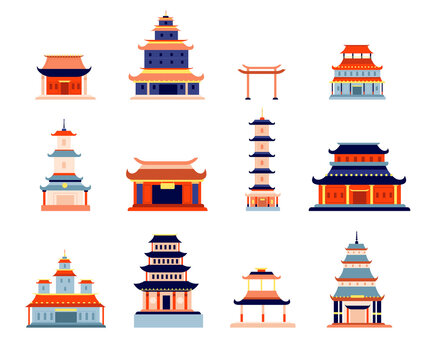 Chinese buildings. China town, temple culture symbol design. Asia architecture, ancient pagoda, japanese or korean house vector set. Illustration building chinese temple, landmark house architecture