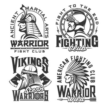 Tshirt print with ancient warriors, vector mascot for fighting club apparel design. Samurai, viking, indian chef and medieval knight isolated labels with typography. Monochrome t shirt prints, emblems