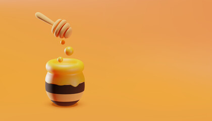 Honey pot with flowing honey and honey dipper in cartoon style. 3d illustration. Vector