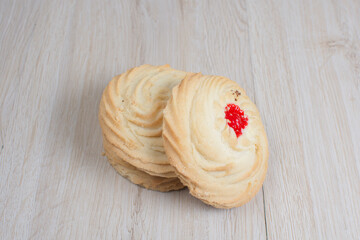 Fresh bakery on light wooden background