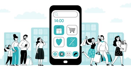 Mobile shopping app. Flat style people shop, online buyers and smart paying. Things for ecommerce service, decent order system vector concept. Illustration application retail, app smart mobile