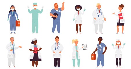 Doctor nurse characters. Medical nurses, health care flat male. Female doctors helping, hospital caring works. Decent medicine people vector set. Doctor and nurse, medical staff illustration