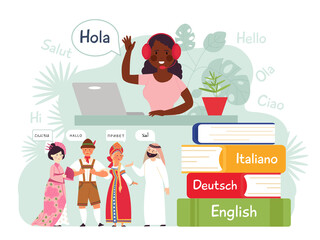 Foreign language learning. Mobile learn, contacts on english german. Friends conversation, study dictionary or people say hello decent vector concept. Online education and translation illustration