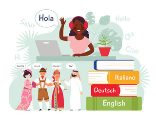 Foreign language learning. Mobile learn, contacts on english german. Friends conversation, study dictionary or people say hello decent vector concept. Online education and translation illustration © MicroOne