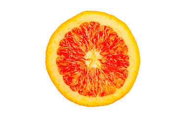 Cut in half ripe red juicy orange isolated on white background