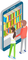 Persons choose books in online library or bookstore, man and woman stand near bookshelves with stack of multi-colored books on smartphone screen. Traditional education, people students like to read