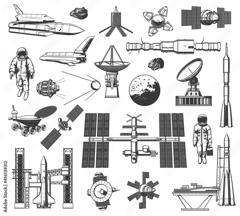 Poster outer space explore monochrome vector icons. universe expedition galaxy adventure. astronaut, space 