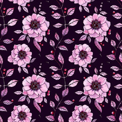 Purple floral watercolor pattern on a dark background. Seamless background for wrapping paper, floral wallpaper and other design