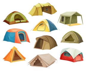 Tents camp icons, house campsite dome, travel tourism, vector isometric 3d flat isolated. Tourist outdoor camping tents or canvas shelter and military canopy, caravan cabin and backpacking marquees - obrazy, fototapety, plakaty