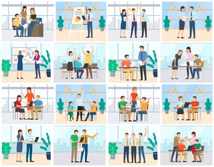Set of office situations. Colleagues communication and collaboration. Group discussion and negotiation. Clerk workplace. Financial report, business presentation