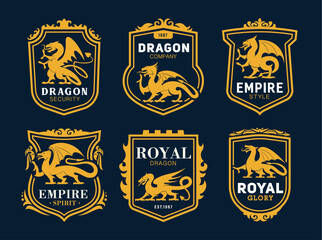 Royal heraldic icons with dragons, fairytale monsters. Coat of arms with golden dragons silhouettes, rearing winged mythological or fantasy animal. Company emblem in shield frame and ornate border © Vector Tradition