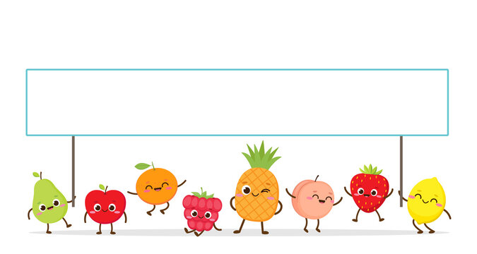 Cartoon vector funny fruits holding banner