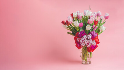 Bouquet of tulips on a dark pink coral background - asymmetrical wallpaper (widescreen 16x9)