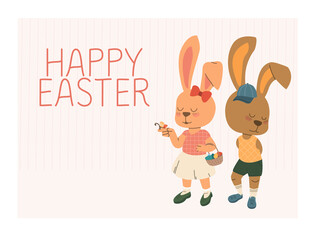 Happy Easter text, greeting card with cartoon Easter bunnies. A hare girl with a basket of eggs and a hare boy.