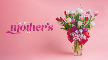 Happy Mother's Day Banner Card with a Bouquet of Tulips with Type