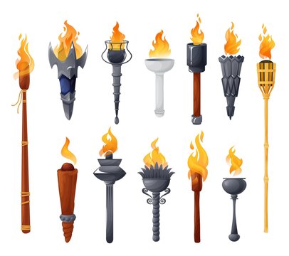 Medieval torches with burning fire vector set. Ancient metal and wooden brands of different shapes with flame. Cartoon elements for pc game, flaming torchlight or lighting flambeau isolated icons