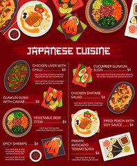 Japanese cuisine vector menu template gunkun sushi with caviar, vegetable beef stew, shiitake salad, fried perch with soy sauce. Chicken liver with chilli, spicy shrimps and prawn avocado temaki sushi