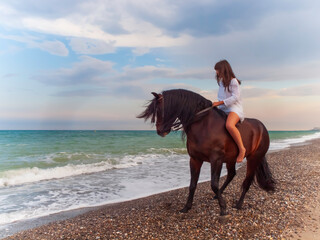 Joven amazona con vestido blanco domando a su caballo marron sin montura en la playa