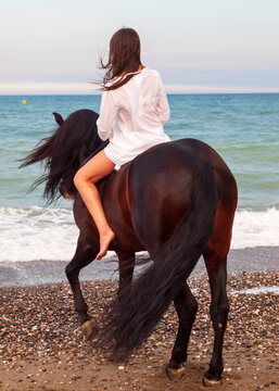Joven amazona con vestido blanco domando a su caballo marron sin montura en la playa