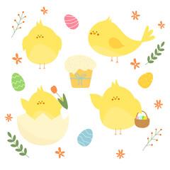 Cute children's Easter set of illustrations. Chickens, eggs, Easter cake, flowers. Happy Easter. Spring. Vector flat illustration.