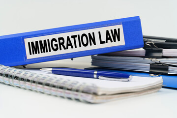 On the table are a notebook, a pen, documents and a folder with the inscription - IMMIGRATION LAW