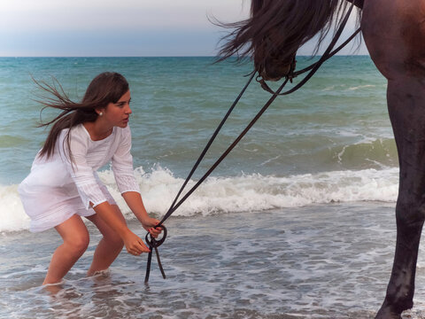 Joven amazona con vestido blanco domando a su caballo marron sin montura en la playa