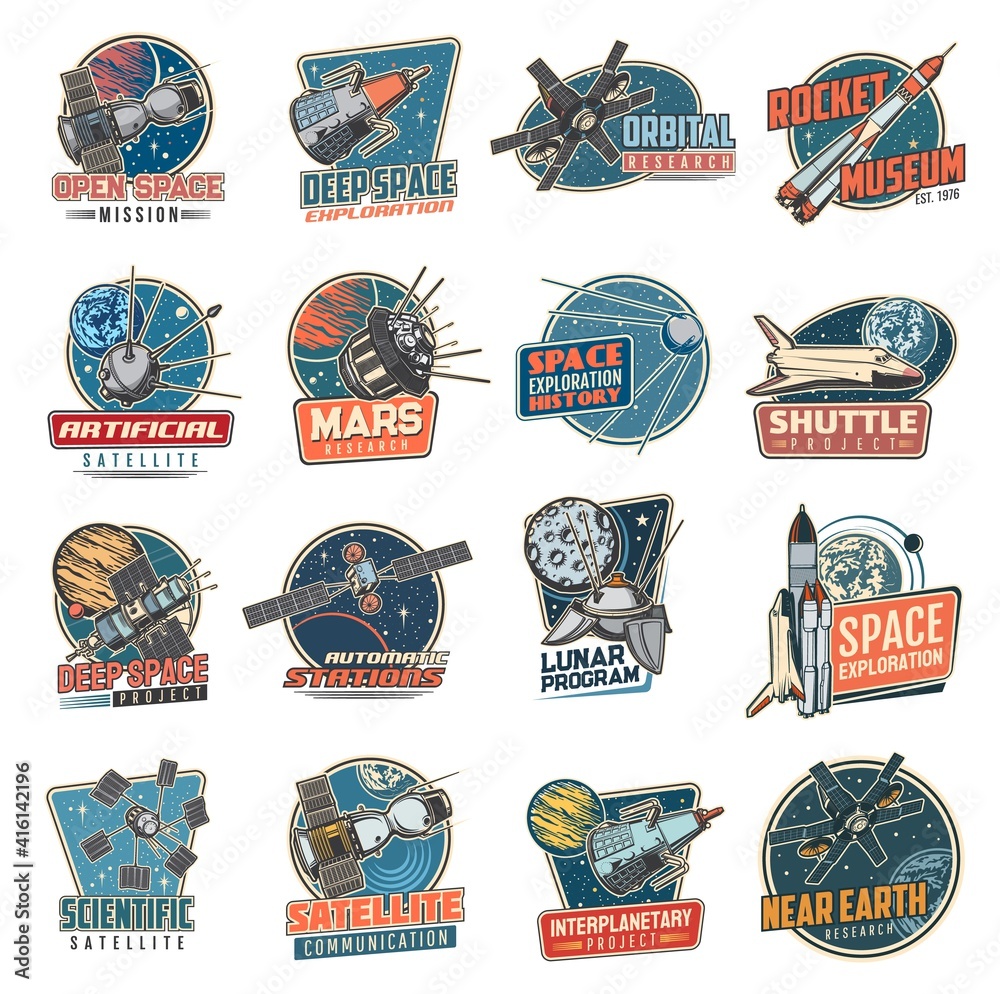 Wall mural space vector retro icons mars mission, rocket museum and near earth orbital station, moon program, a