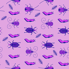 Bugs and forests elements  freehand color vector seamless pattern. Textile, wallpaper, wrapping paper design idea.