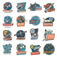 Space vector retro icons mars mission, rocket museum and near earth orbital station, moon program, artificial satellite and deep space exploration. Scientific research and shuttle project labels set © Vector Tradition