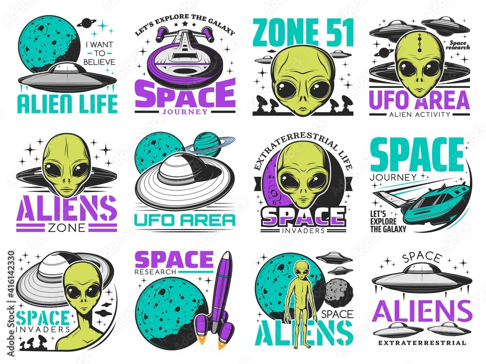 Poster aliens, ufo area and space shuttles vector retro icons. extraterrestrial comer with green skin and h