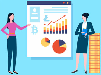 Women financial experts confer on cryptocurrency growth. Increase of new innovative money concept. Bitcoin crypto currency chart of financial system is growing. Line of upward trend arrow on board