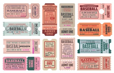 Baseball sport game retro tickets templates set. Team competition cup or sport event entrance vintage pass. Baseball championship paper tickets, admit cards separated in two parts with perforation