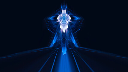 Abstract dark futuristic blue night background. Rays and lines, lightning, lights. Blue neon light, symmetrical reflection, futuristic light tunnel, stage. 3D illustration. 