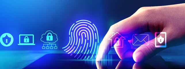 Fingerprint scanning theme with hand pressing tablet computer screen