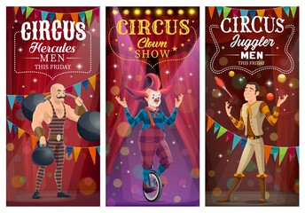 Circus clown , juggler and strongman vector characters. Top tent cartoon artists performing tricks on big top arena. Circus show with artists, carnival amusement entertainment on scene, banners set © Vector Tradition