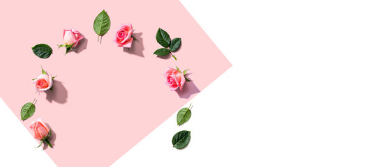 Pink roses with green leaves overhead view - flat lay