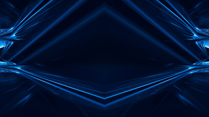 Abstract dark futuristic blue night background. Rays and lines, lightning, lights. Blue neon light, symmetrical reflection, futuristic light tunnel, stage. 3D illustration. 